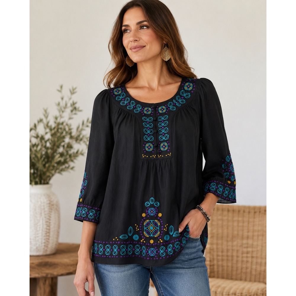 Banana Republic Womens Embroidered Peasant Blouse Black Teal Boho Top Large